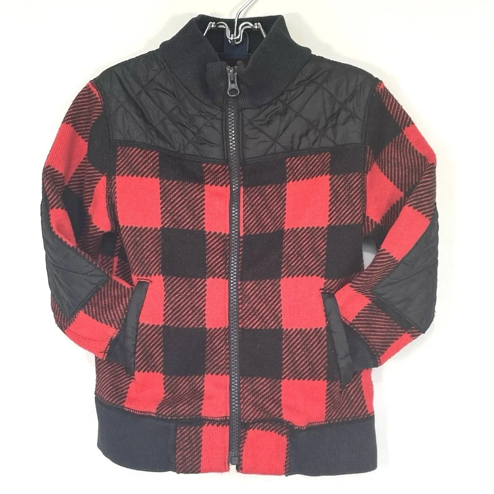 Baby‎ Gap Toddler 4Y Red Black Buffalo Plaid Full Zip Sweater Jacket Quilted